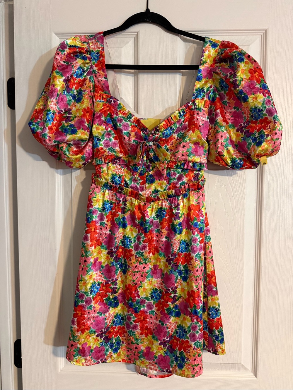 For Love & Lemons Backless Rainbow Floral Puff Sleeve A Line Mini Dress